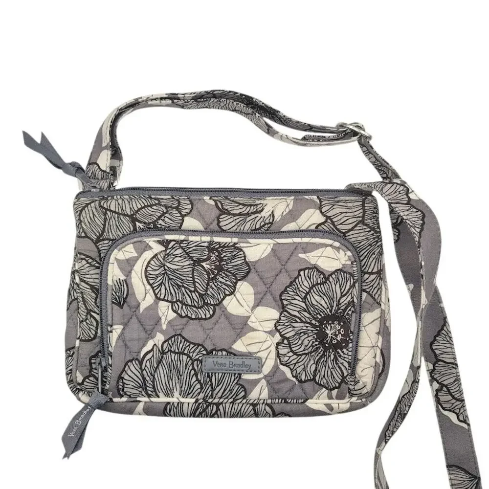 Vera Bradley Floral Crossbody Bag Gray White Quilted Shoulder Purse